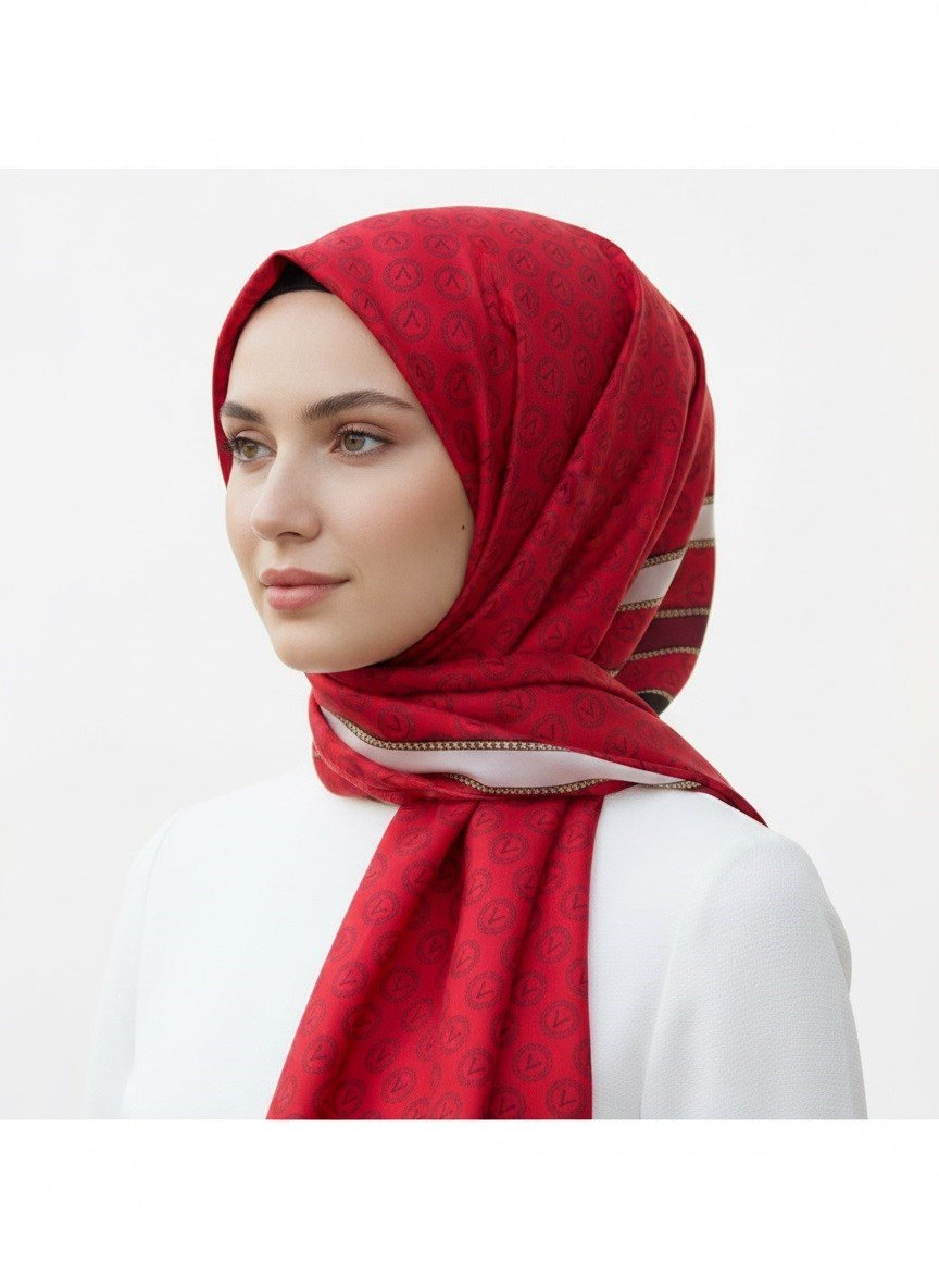 %100 Saf İpek Şal İnce Saten Vual Dokuma Monogram Desenli Kırmızı - Siyah Renkli 90x210 Şal