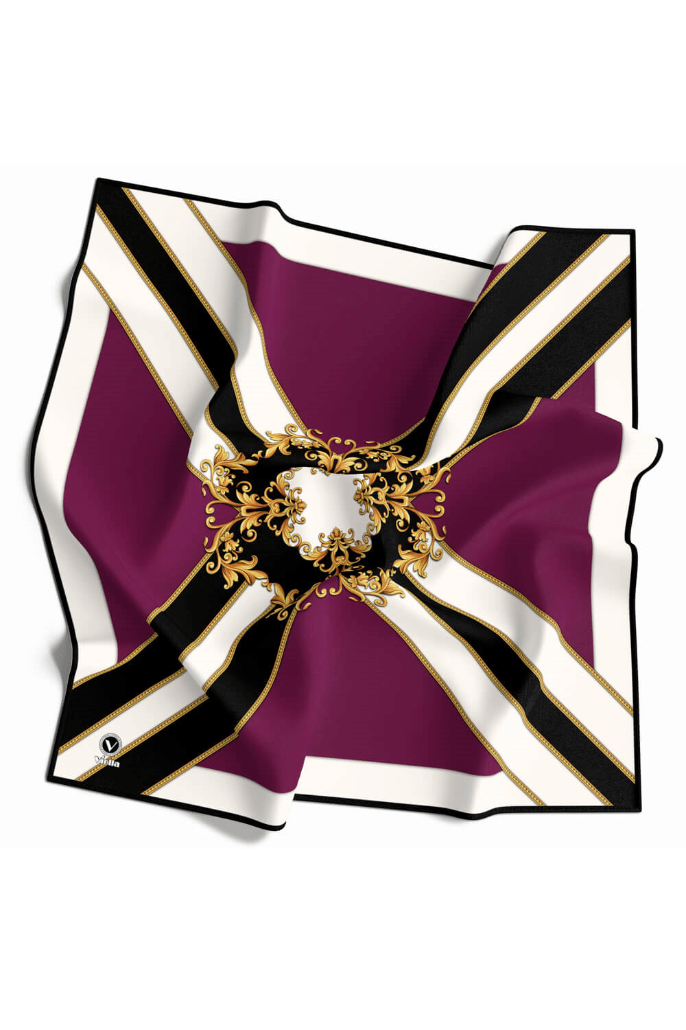 Twill Barok Desenli Mürdüm - Siyah Renkli 90x90 Dikim Şekli : El Dikişi Eşarp (İpek İçermez)