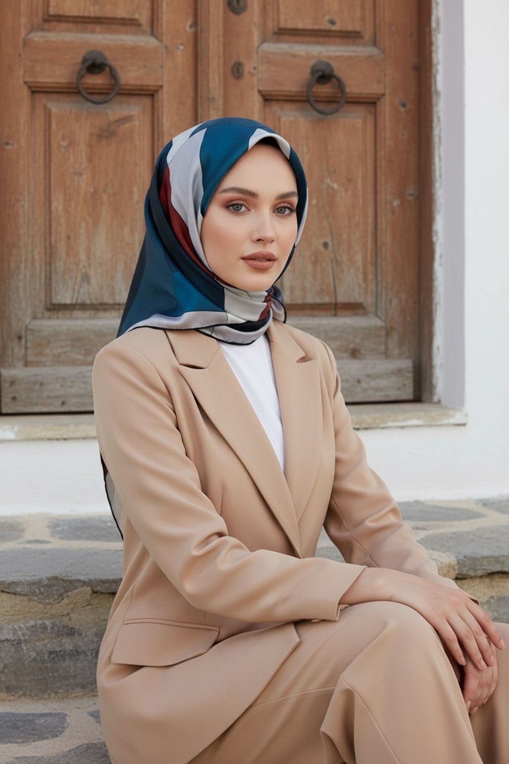 %100 Twill İpek Geometrik Desenli Taba - Petrol Mavisi Renkli 90x90 Eşarp Dikim Şekli : El Dikişi