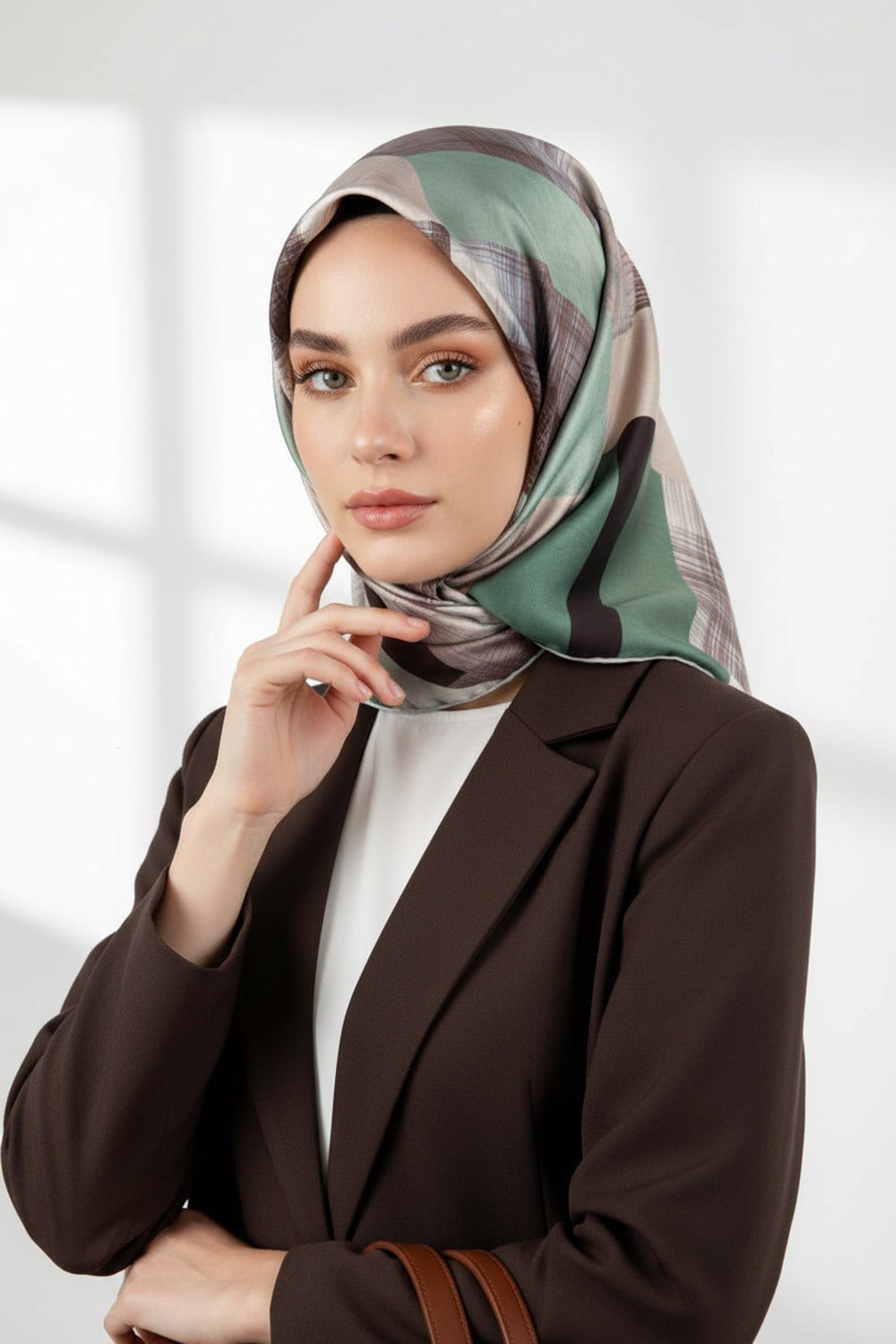 Twill Geometrik Desenli Kahverengi Renkli 90x90 Eşarp (İpek İçermez) Kenar Dikiş Şekli El Dikişli