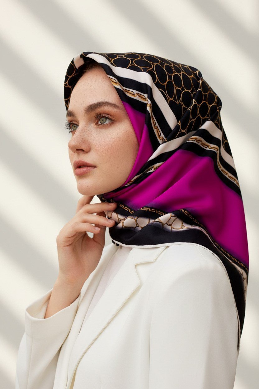 %100 Twill İpek Gold Halka Desenli Fuşya - Siyah Renkli 90x90 Eşarp Dikim Şekli : El Dikişi