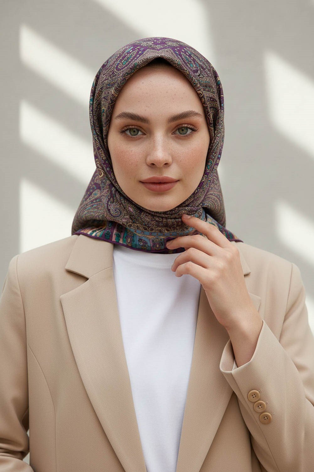%100 Twill İpek Etro Desenli Mürdüm Renkli 90x90 Eşarp Dikim Şekli : El Dikişi