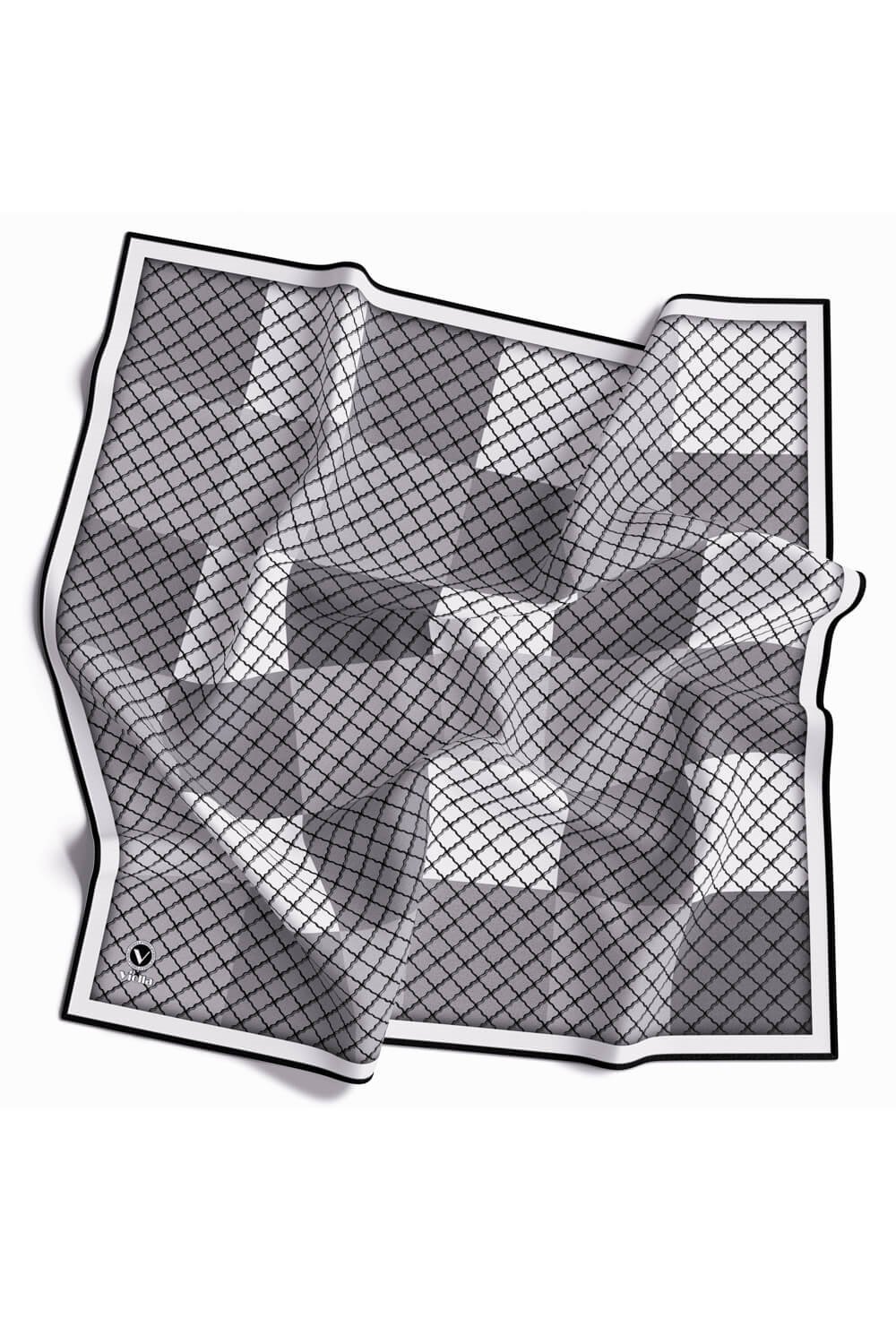Twill Kare Desenli Gri Renkli 90x90 Eşarp (İpek İçermez) Kenar Dikiş Şekli El Dikişli