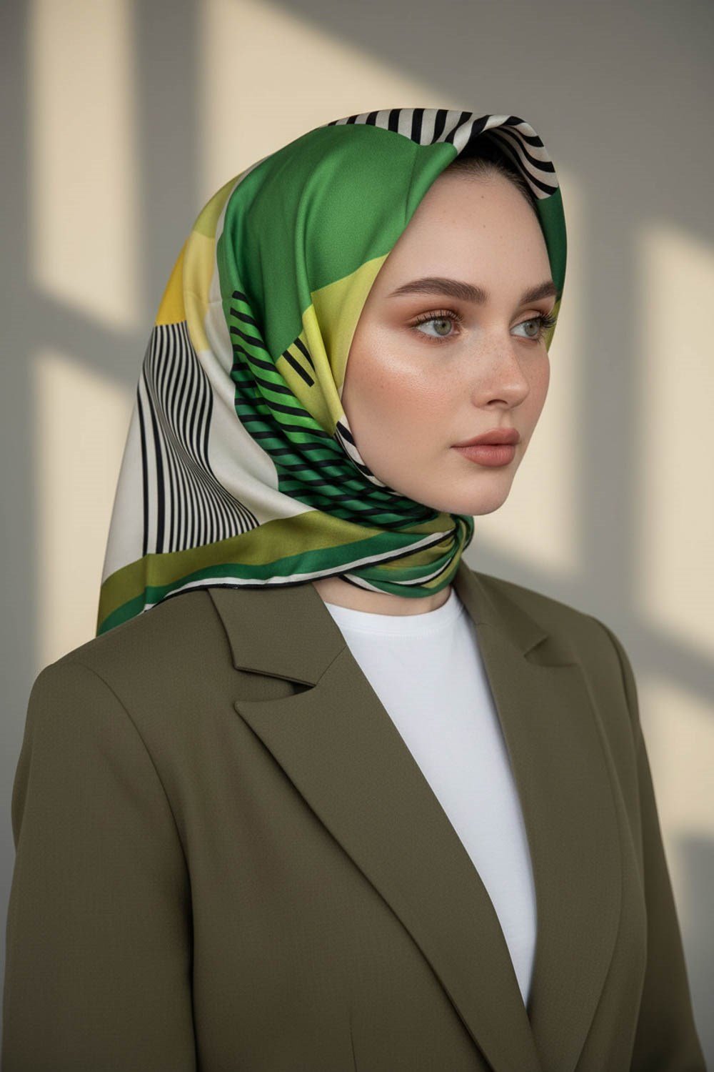 100% Twill İpek Geometrik Desenli Haki - Zümrüt Yeşili Renkli 90x90 Dikim Şekli : El Dikişi Eşarp