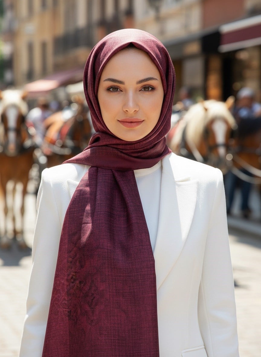 %100 Saf İpek Şal İnce Saten Vual Dokuma Damask Desenli Bordo Renkli 90x210 Şal