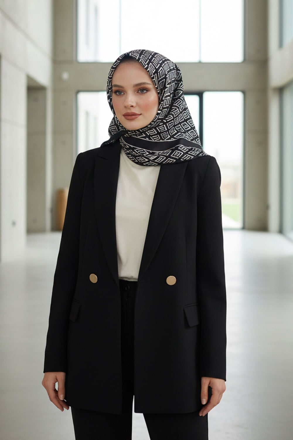 % 57 İPEK % 43 VİSKON Twill İpek Geometrik Desenli Siyah - Krem Renkli 90x90 Eşarp Dikim Şekli : El Dikişi