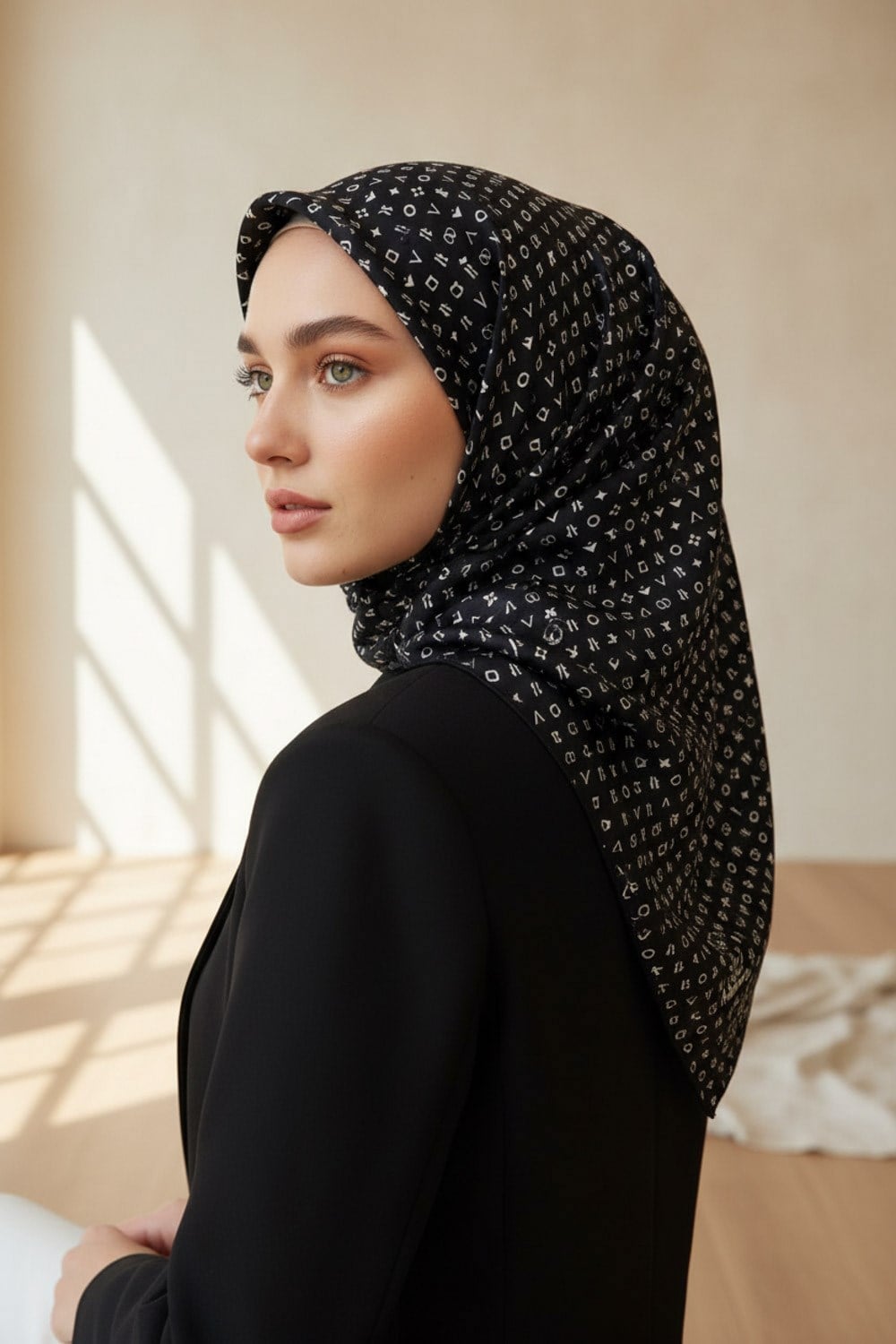 %100 Twill İpek Çıtır Motif Desenli Siyah - Krem Renkli 90x90 Eşarp Dikim Şekli : El Dikişi