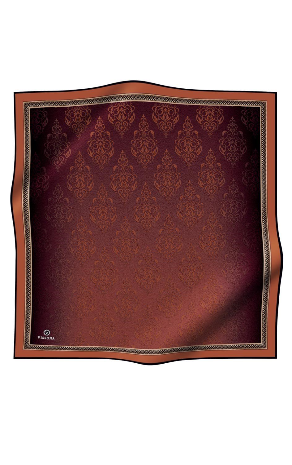 %100 Twill İpek Eşarp 90x90 Taba Barok Desenli El Dikişli Kadın Eşarp