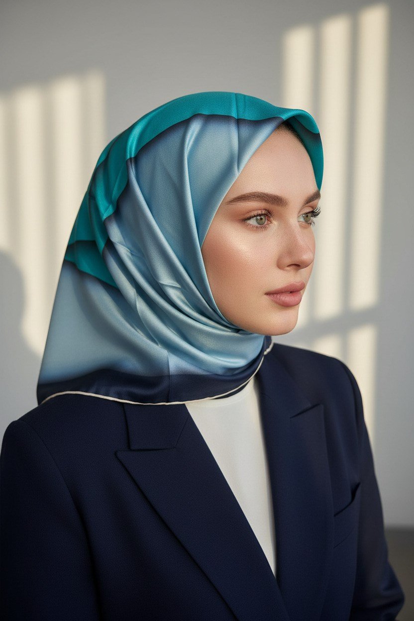 %100 Twill Renk Bloklu Çizgili Desenli Bebe Mavisi - Saks Renkli 90x90 Eşarp Dikim Şekli: El Dikişii