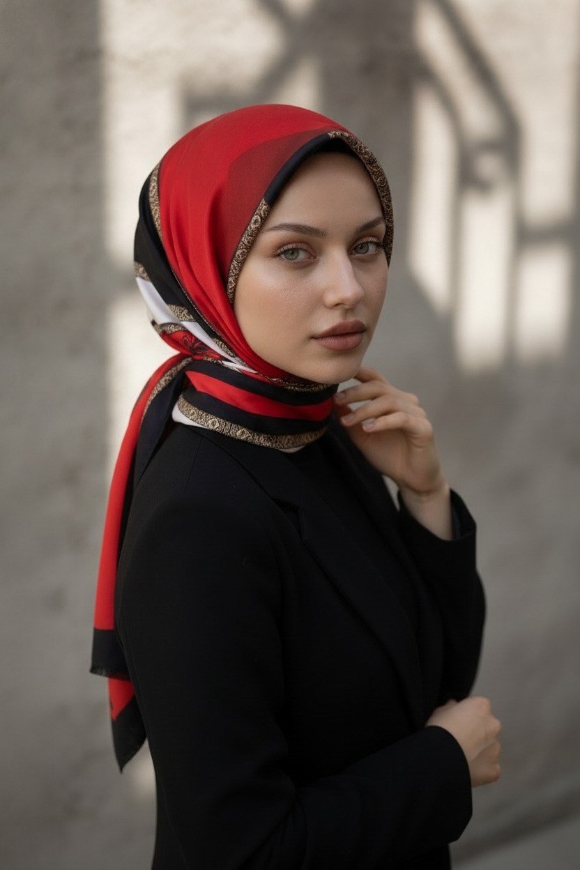 %100 Saf İpek Şal İnce Saten Vual Dokuma Çizgili Desenli Kırmızı - Siyah Renkli 90x210 Şal