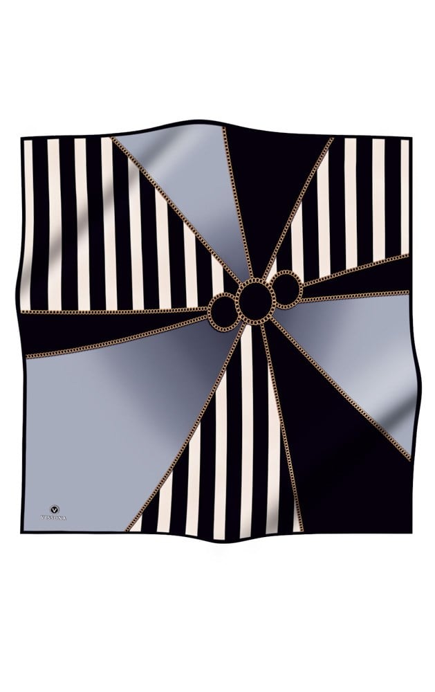%100 Twill İpek Zincirli Çizgi Desenli Siyah - Gri Renkli 90x90 Eşarp Dikim Şekli : El Dikişi