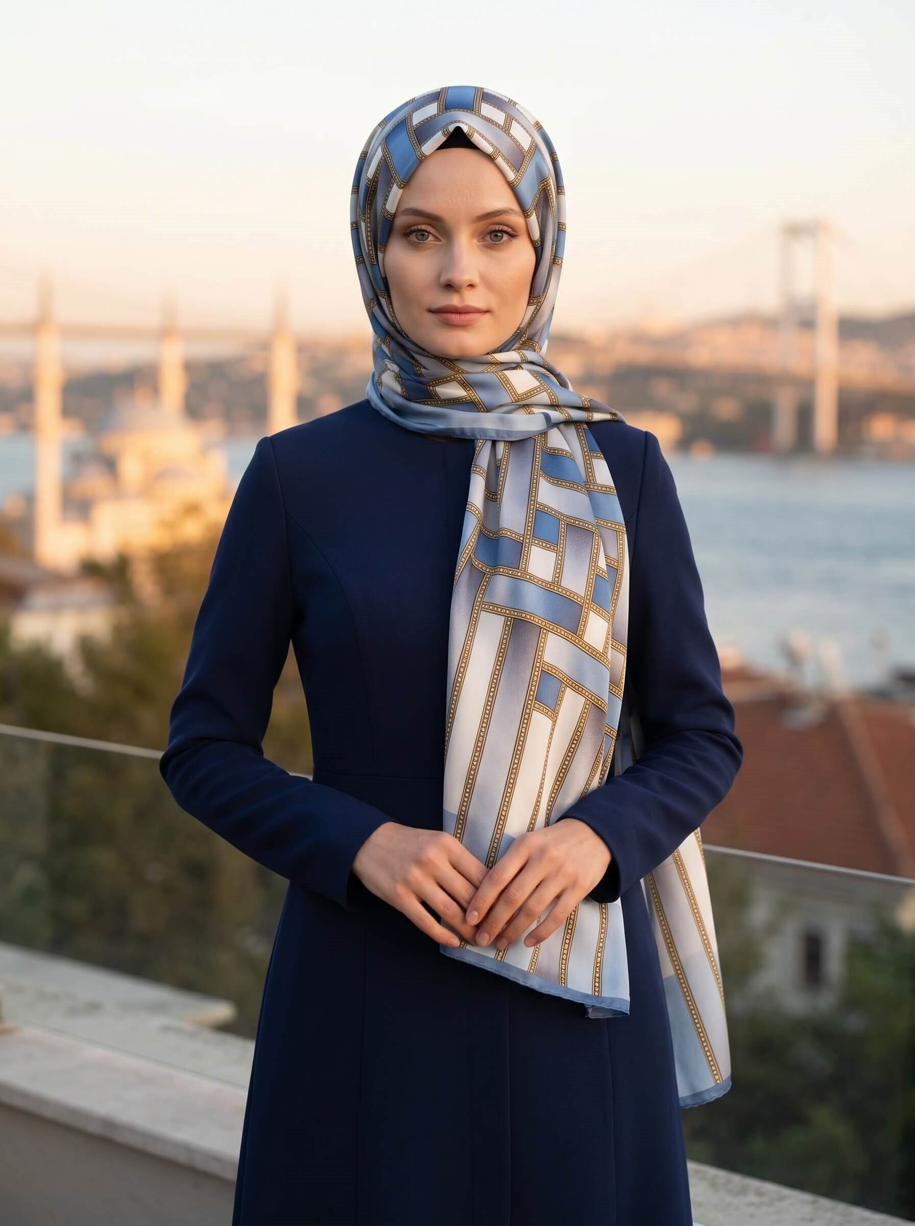 %100 Saf İpek Şal İnce Saten Vual Dokuma Kemer Desenli Bebe Mavisi - Gri Renkli 90x210 Şal