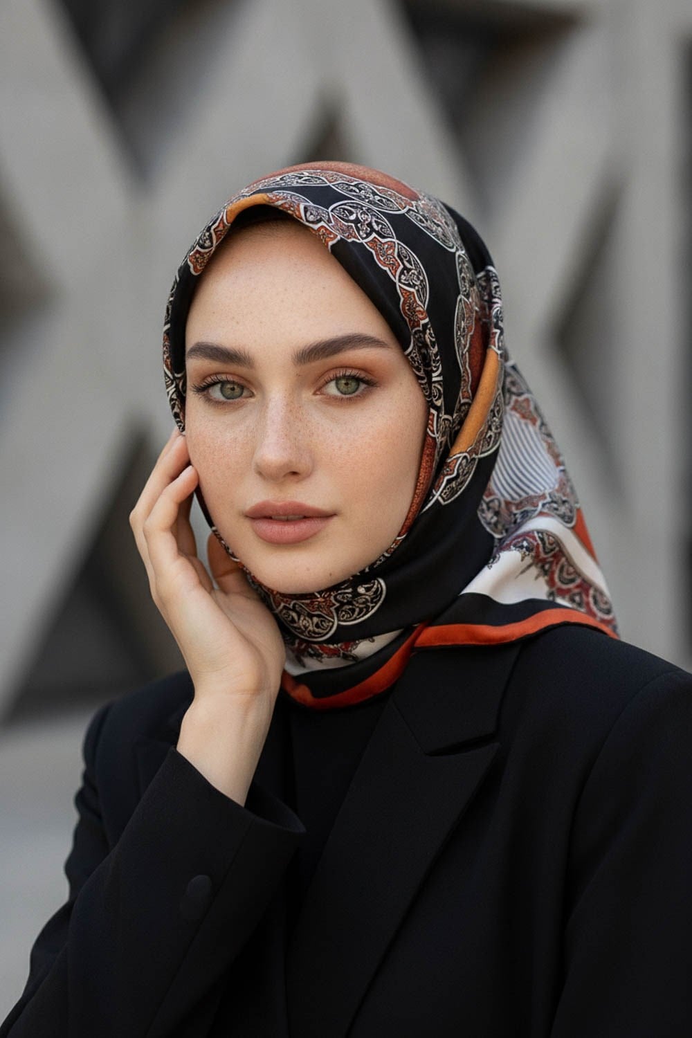 %100 Twill Türk Motifi  Desenli Siyah - Taba Renkli 90x90 Eşarp Dikim Şekli: El Dikişi