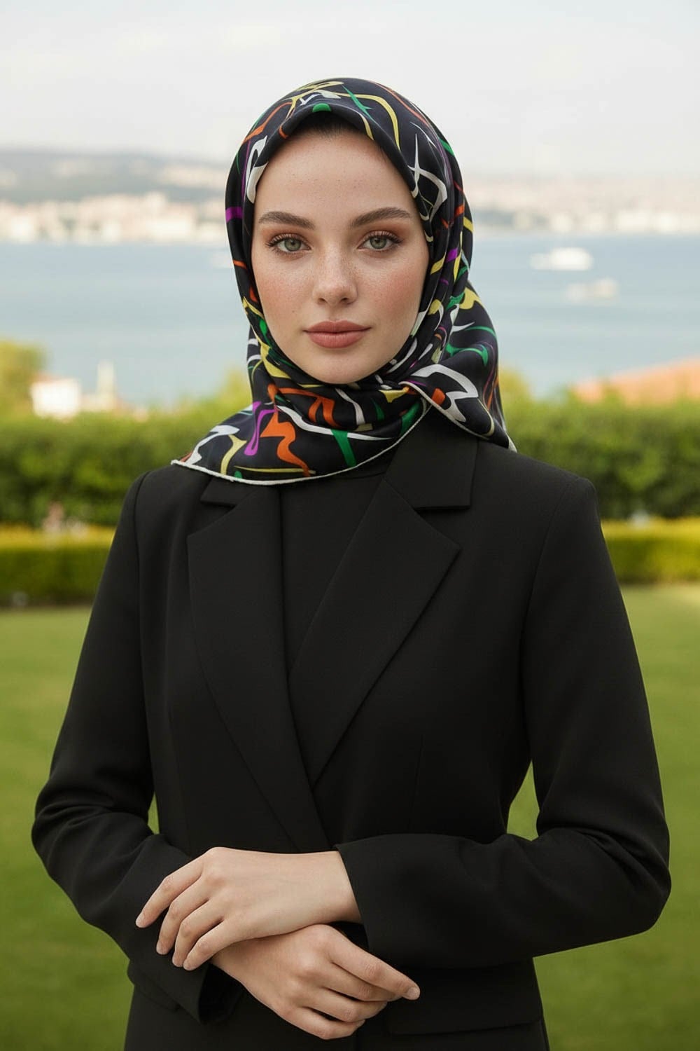 % 57 İPEK % 43 VİSKONTwill İpek Soyut Geometrik Desenli Fuşya - Sarı Renkli 90x90 Eşarp Dikim Şekli : El Dikişi