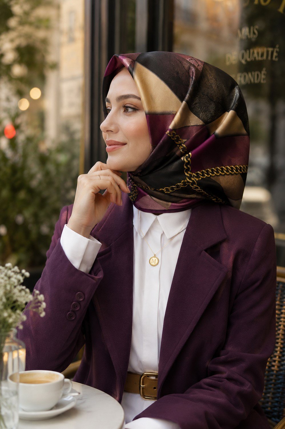 %100 Twill İpek Taş Efekti Desenli Mürdüm - Siyah Renkli 90x90 Eşarp Dikim Şekli : El Dikişi