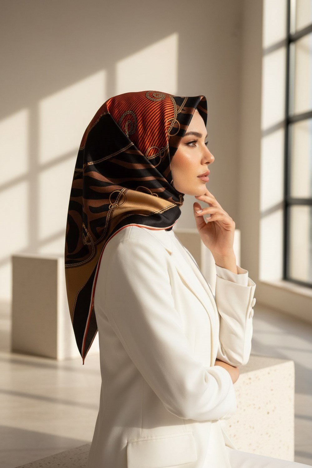 %100 Twill İpek Zincirli Ve Zebra Desenli Taba - Bej Renkli 90x90 Eşarp Dikim Şekli : El Dikişi