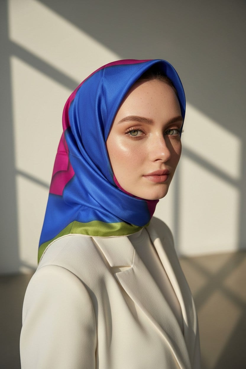 %100 Twill Renk Bloklu Çizgili Desenli Fuşya - Saks Renkli 90x90 Eşarp Dikim Şekli: El Dikişii