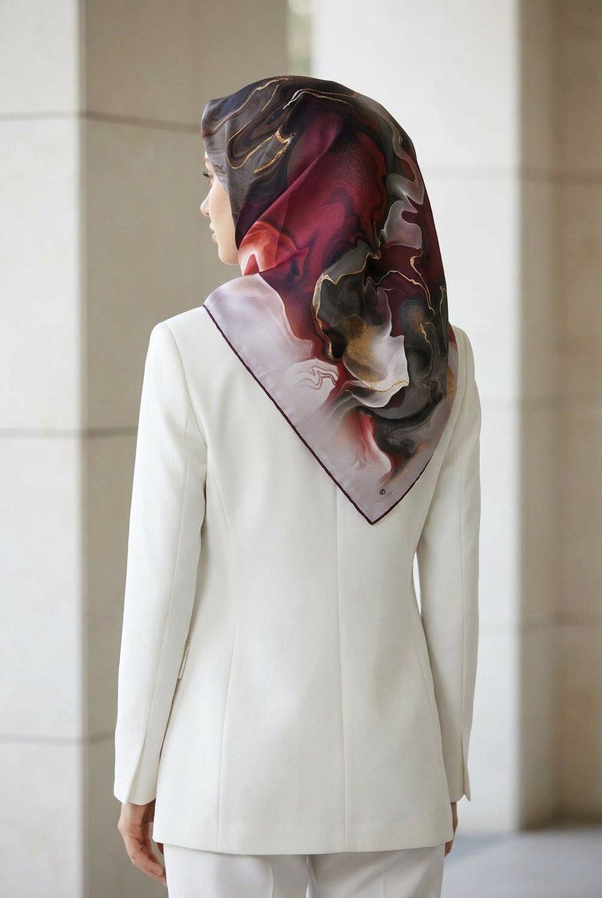 %100 Twill İpek Batik Desenli Bordo - Füme Renkli 90x90 Eşarp Dikim Şekli : El Dikişi