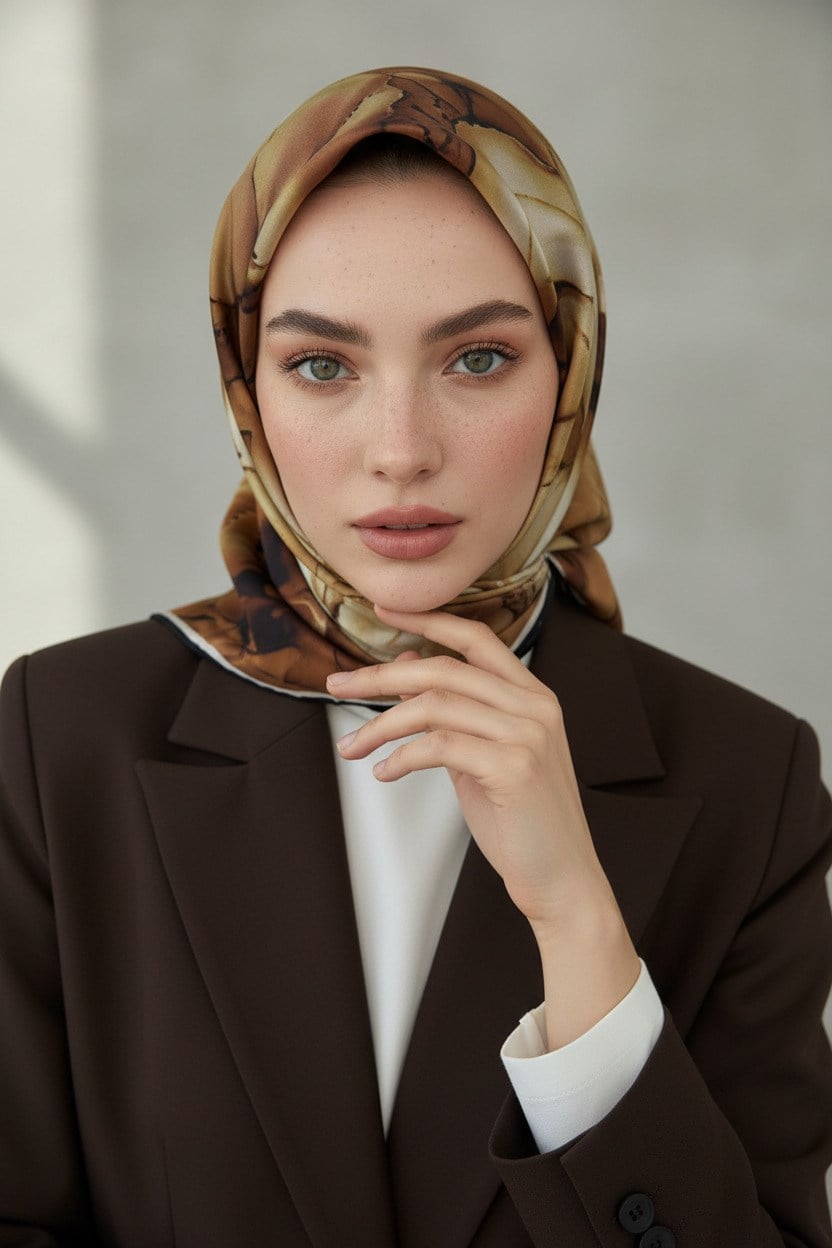 %100 Twill İpek Batik Çiçek Desenli Taba - Hardal Renkli 90x90 Eşarp Kenar Dikiş Şekli El Dikişli