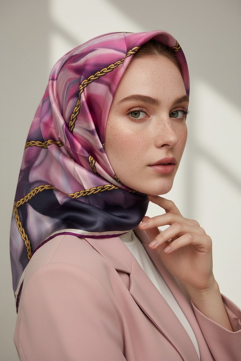 % 57 İPEK % 43 VİSKON Twill İpek Çiçek Geometrik Desenli fuşya Renkli 90x90 Eşarp Dikim Şekli : El Dikişi