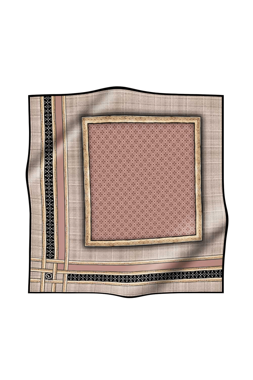 Twill Gold Bordürlü Geometrik Desenli Pudra Renkli 90x90 Eşarp (İpek İçermez) Kenar Dikiş Şekli El Dikişli
