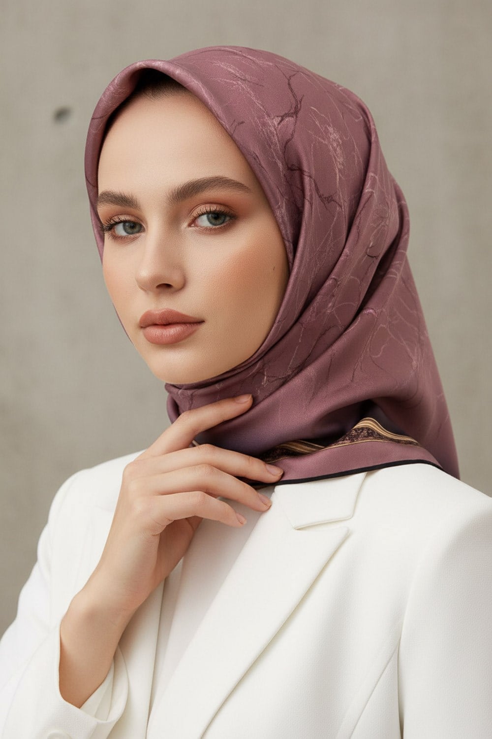 %100 Twill İpek Mermer Desenli Gül Kurusu Renkli 90x90 Eşarp Dikim Şekli : El Dikişi