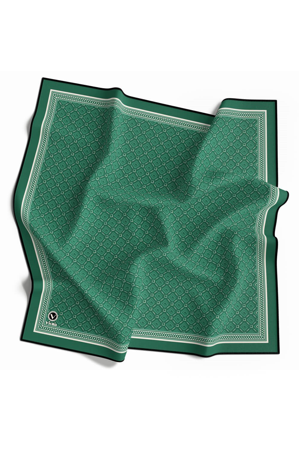 Kristal Monogram Desenli Petrol Yeşili Renkli 90x90 Eşarp (İpek İçermez) Kenar Dikiş Şekli El Dikişli