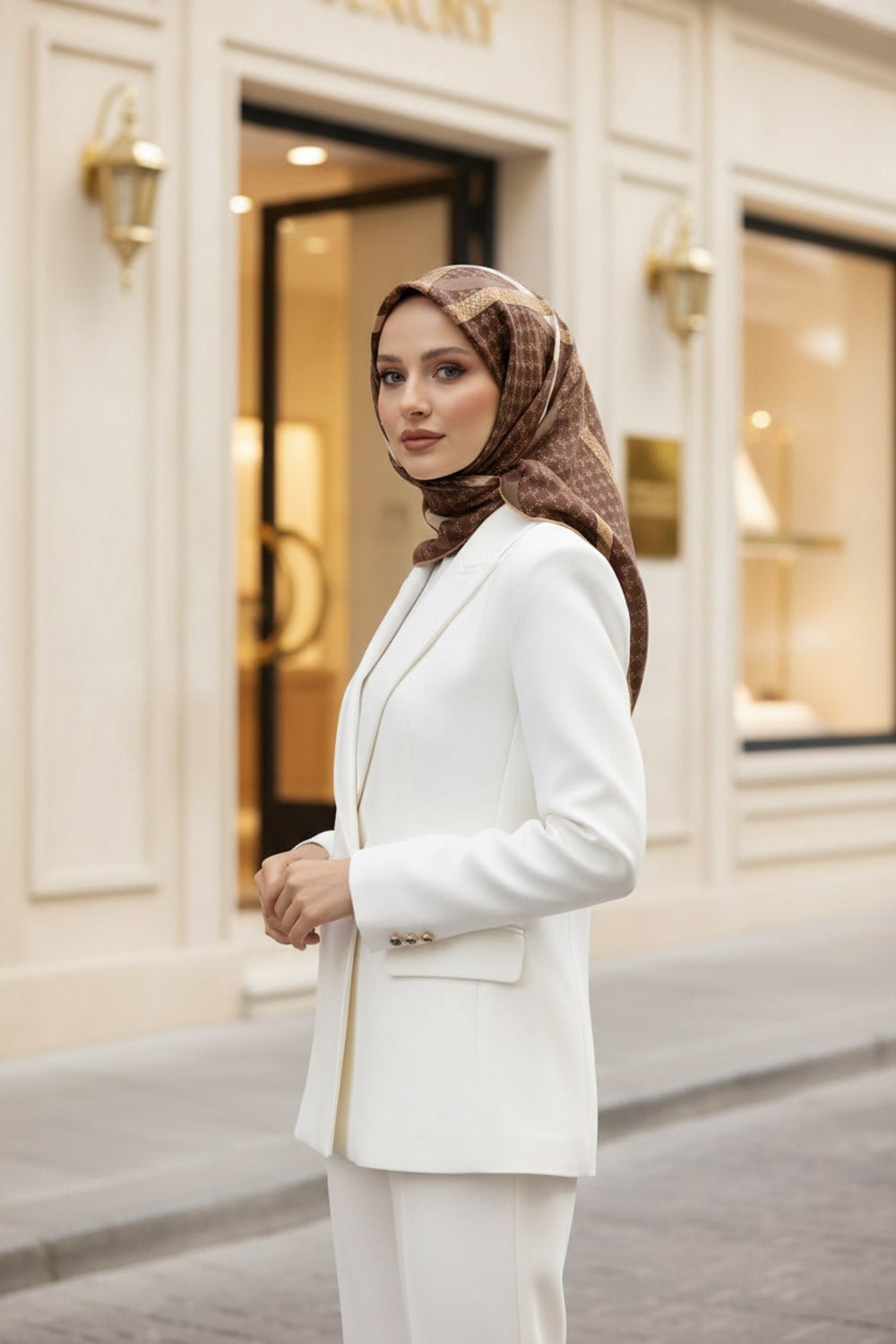 %100 Twill İpek Monogram Ve Şerit Desenli Sütlü Kahve - Bej Renkli 90x90 Eşarp Dikim Şekli : El Dikişi