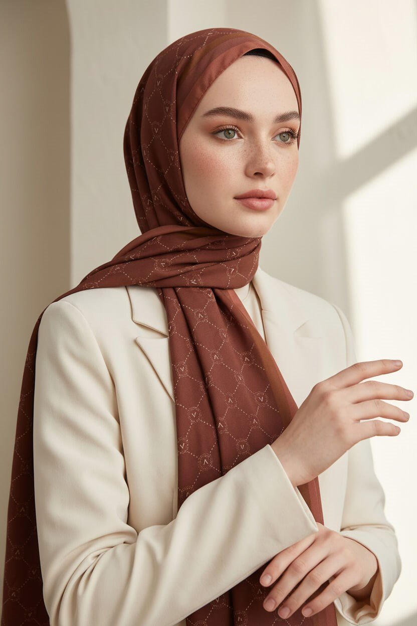 KREP MONOGRAM DESENLİ TABA RENKLİ 75X195 KIRIŞMAZ ŞAL