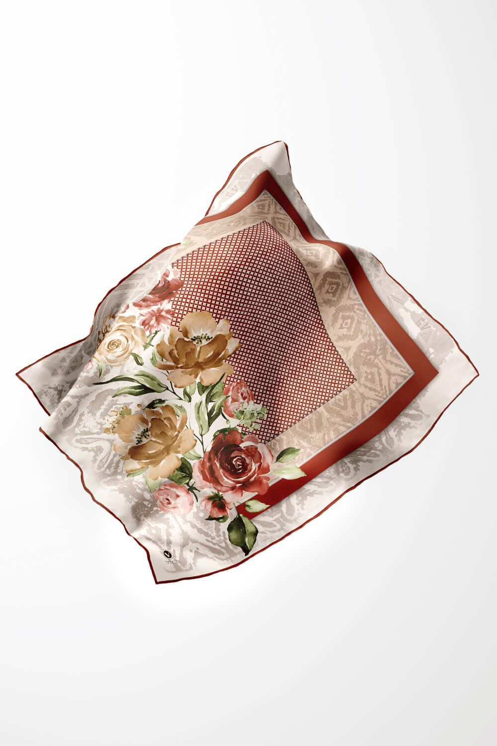 Twill Çiçek Desenli Taba Renkli 90x90 Eşarp (İpek İçermez) Kenar Dikiş Şekli El Dikişli