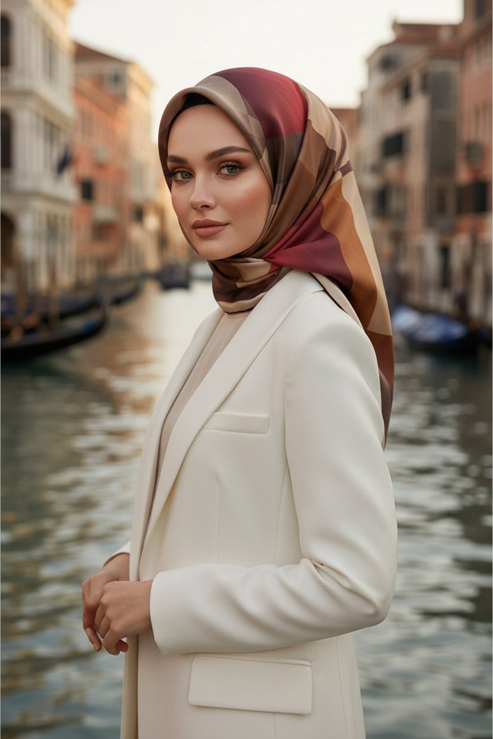 % 57 İPEK % 43 VİSKON Twill İpek Geometrik Desenli Bej - Kırmızı Renkli 90x90 Eşarp Dikim Şekli : El Dikişi