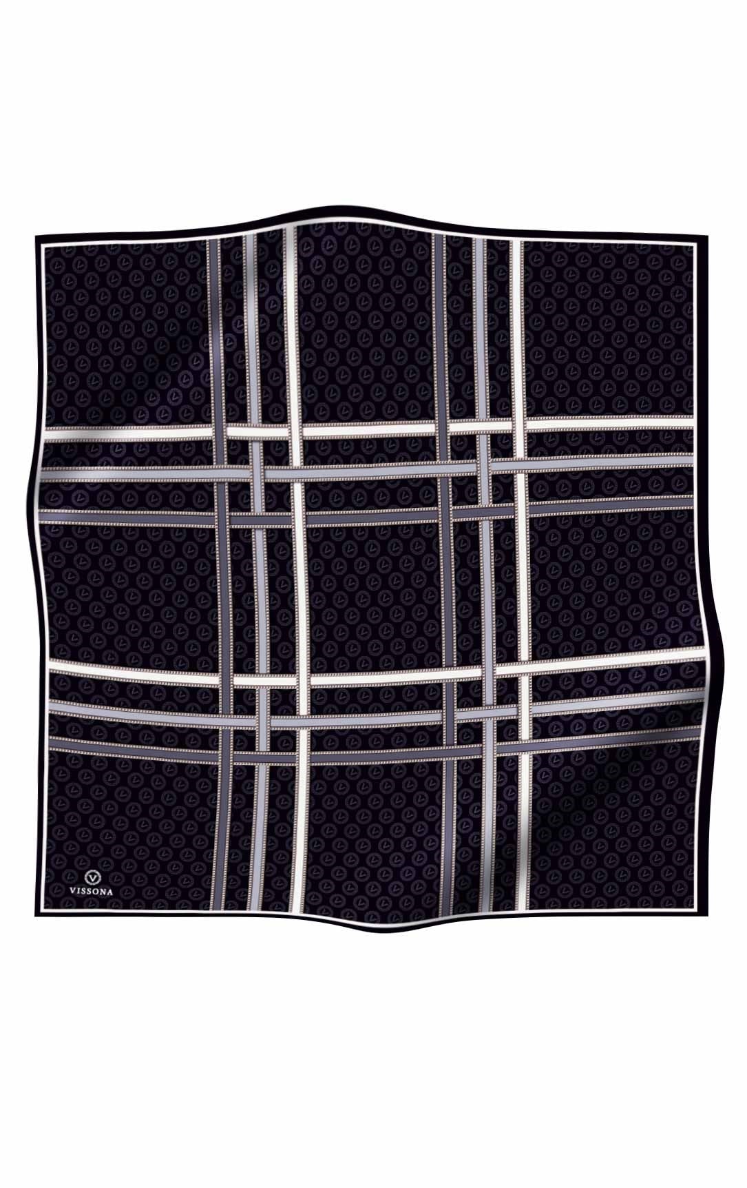 %100 Twill İpek Gold Şeritli Monogram Desenli Siyah - Gri Renkli 90x90 Eşarp Dikim Şekli : El Dikişi