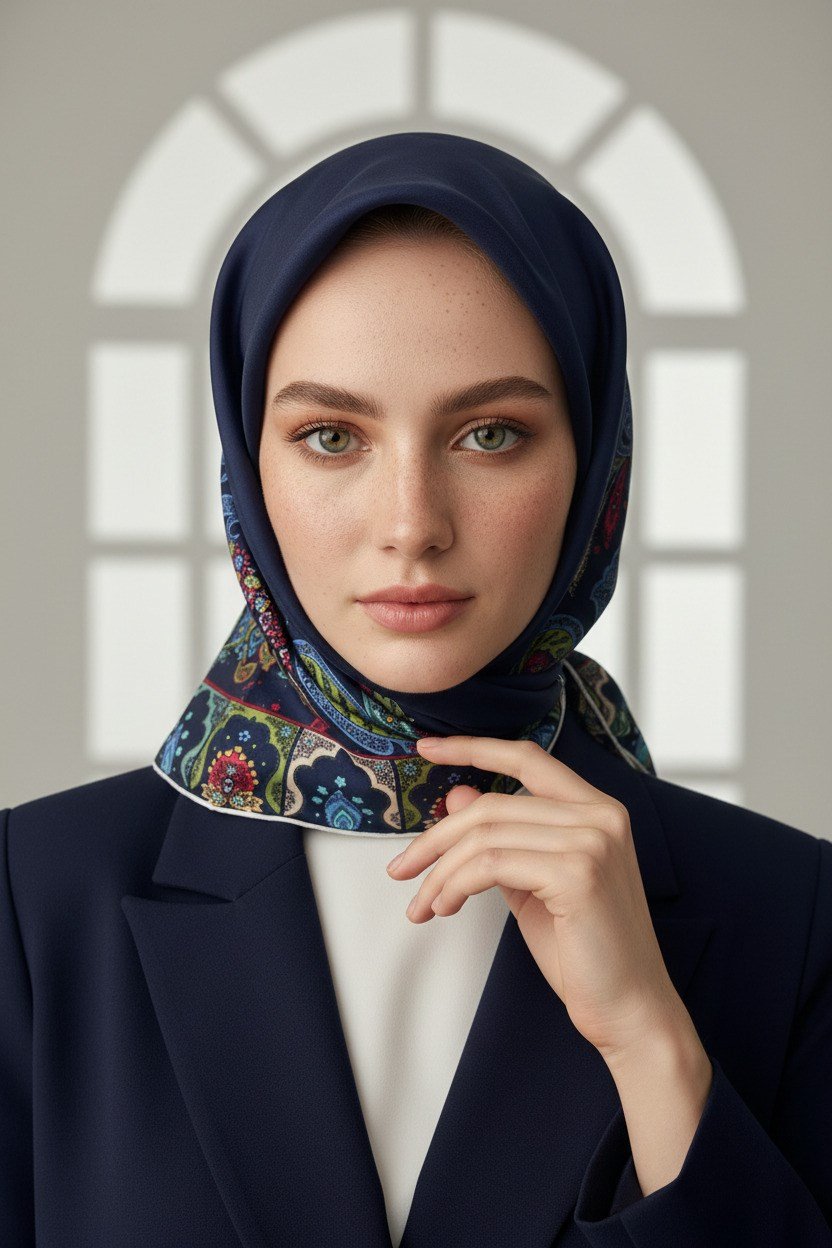 100% Twill İpek Etnik Desenli Lacivert - Bordo Renkli 90x90 Dikim Şekli : El Dikişi Eşarp