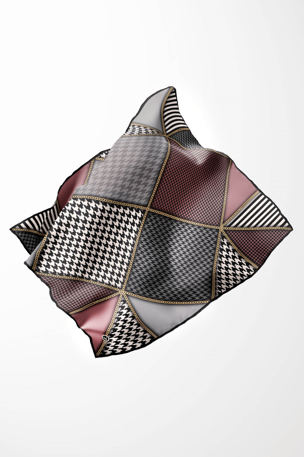Twil Geometrik Ve Kazayak Desenli Pudra - Gri Renkli 90x90 Eşarp (İpek İçermez) Dikim Şekli : El Dikişi
