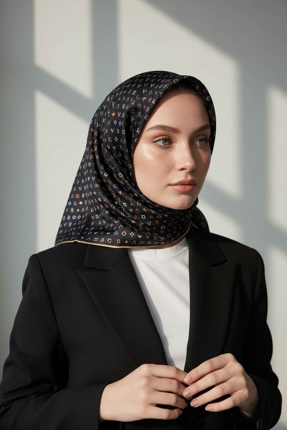 %100 Twill İpek Çıtır Motif Desenli Siyah - Bej Renkli 90x90 Eşarp Dikim Şekli : El Dikişi