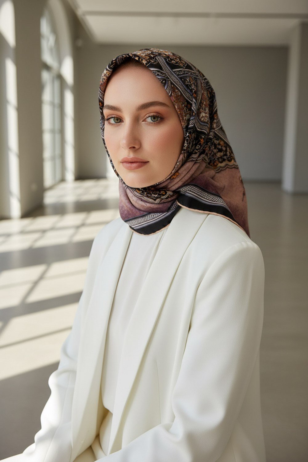 % 57 İPEK % 43 VİSKON Twill İpek Şal Desenli Pudra - Siyah Renkli 90x90 Eşarp Dikim Şekli : El Dikişi