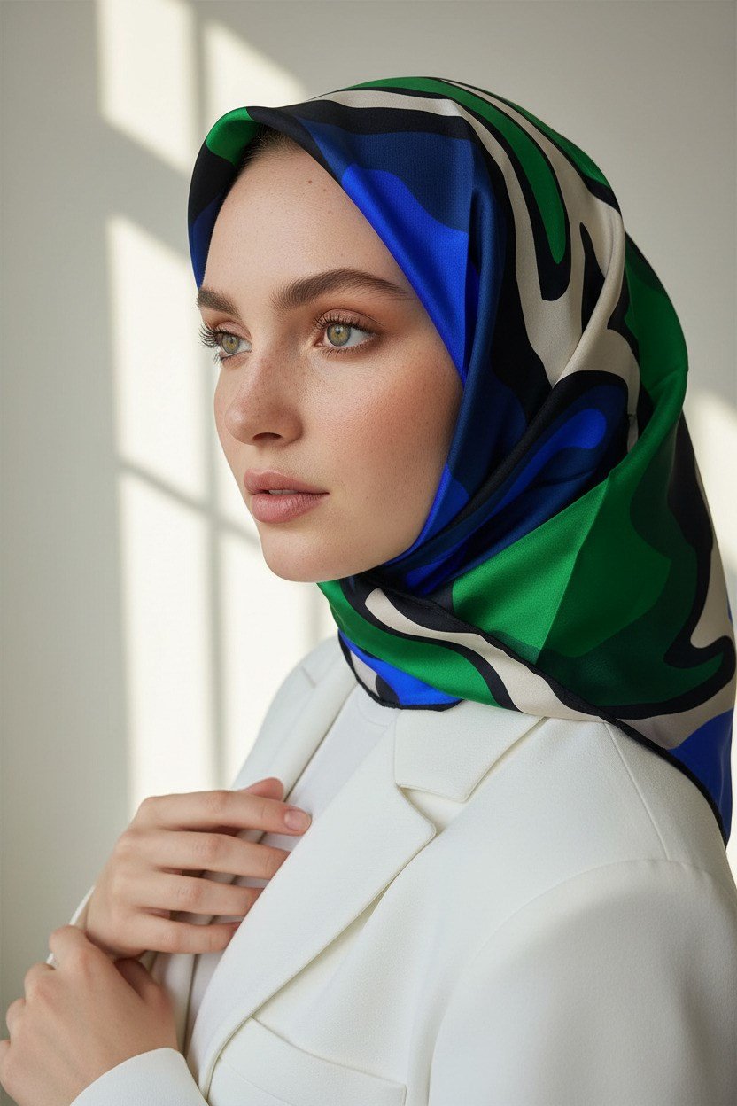 % 57 İPEK % 43 VİSKON Twill İpek Dalga Desenli Saks - Zümrüt Yeşili Renkli 90x90 Dikim Şekli : El Dikişi Eşarp