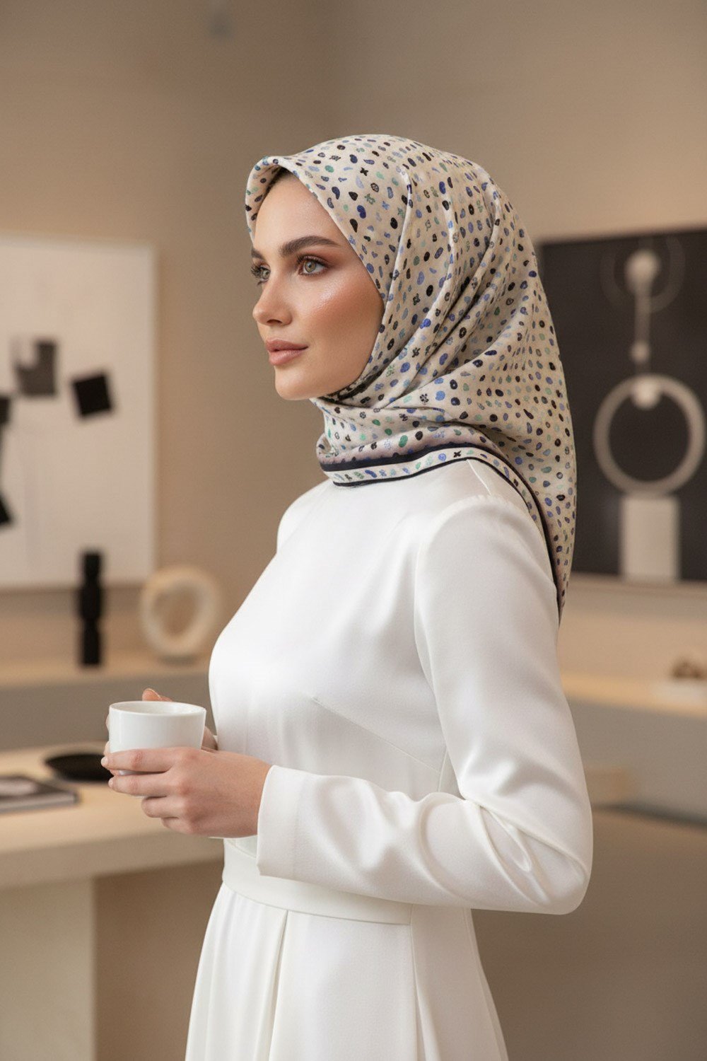 %100 Twill İpek Çıtır Desenli Krem - Lacivert Renkli 90x90 Eşarp Dikim Şekli : El Dikişi