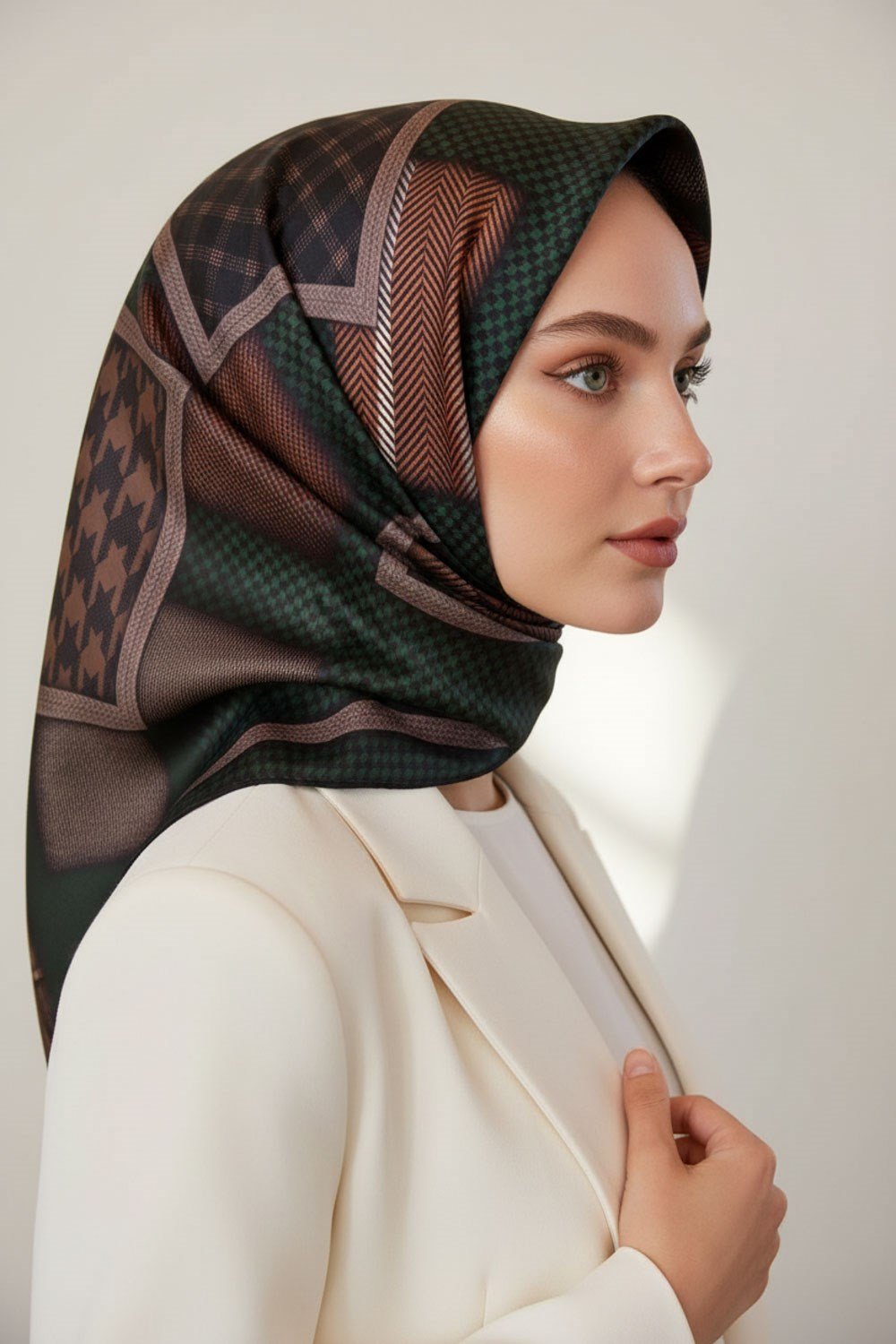 %100 Twill İpek Kazakayaklı Ve Ekose Desenli Zümrüt Yeşili - Siyah Renkli 90x90 Eşarp Dikim Şekli : El Dikişi