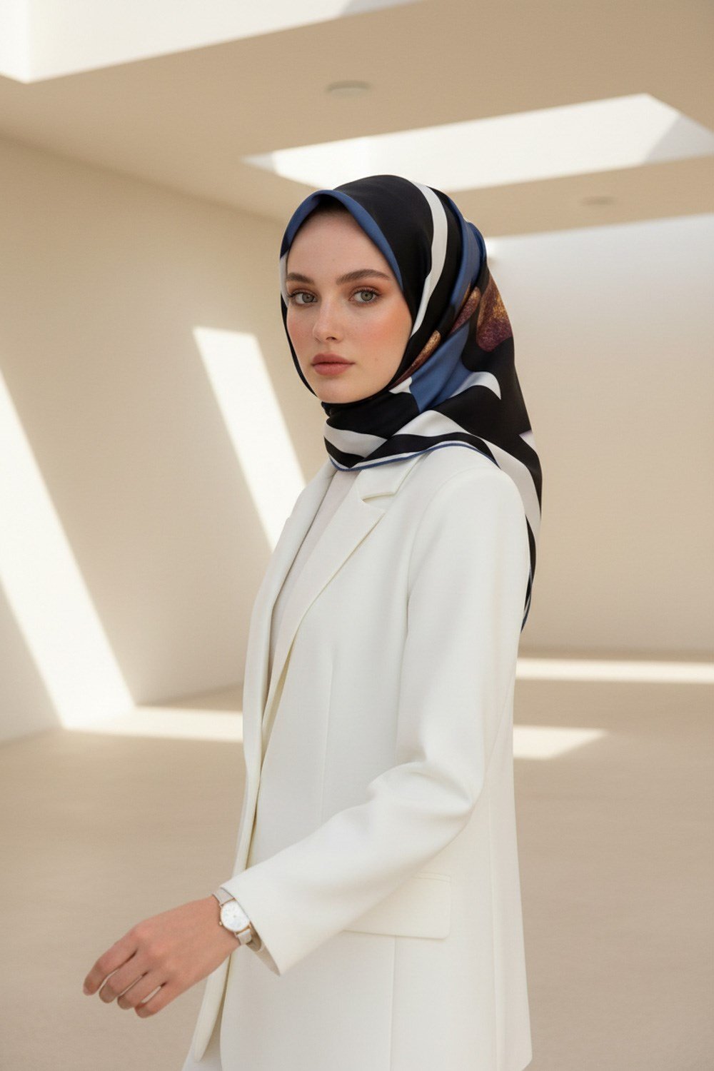 %100 Twill İpek Karo Desenli İndigo - Siyah Renkli 90x90 Eşarp Dikim Şekli : El Dikişi