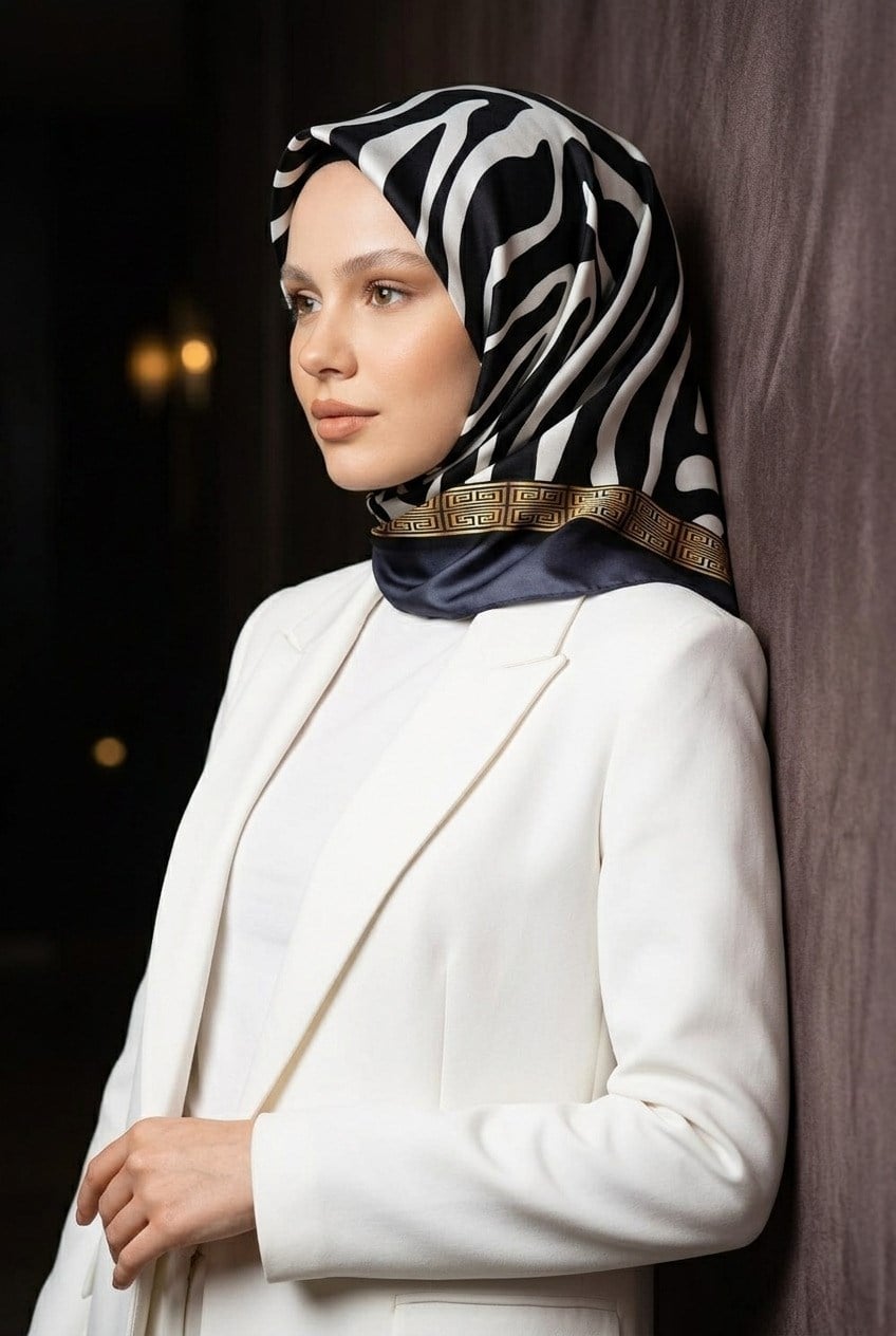 % 57 İPEK % 43 VİSKON Twill İpek Zebra Desenli Gri - Gold Renkli 90x90 Eşarp Dikim Şekli : El Dikişi