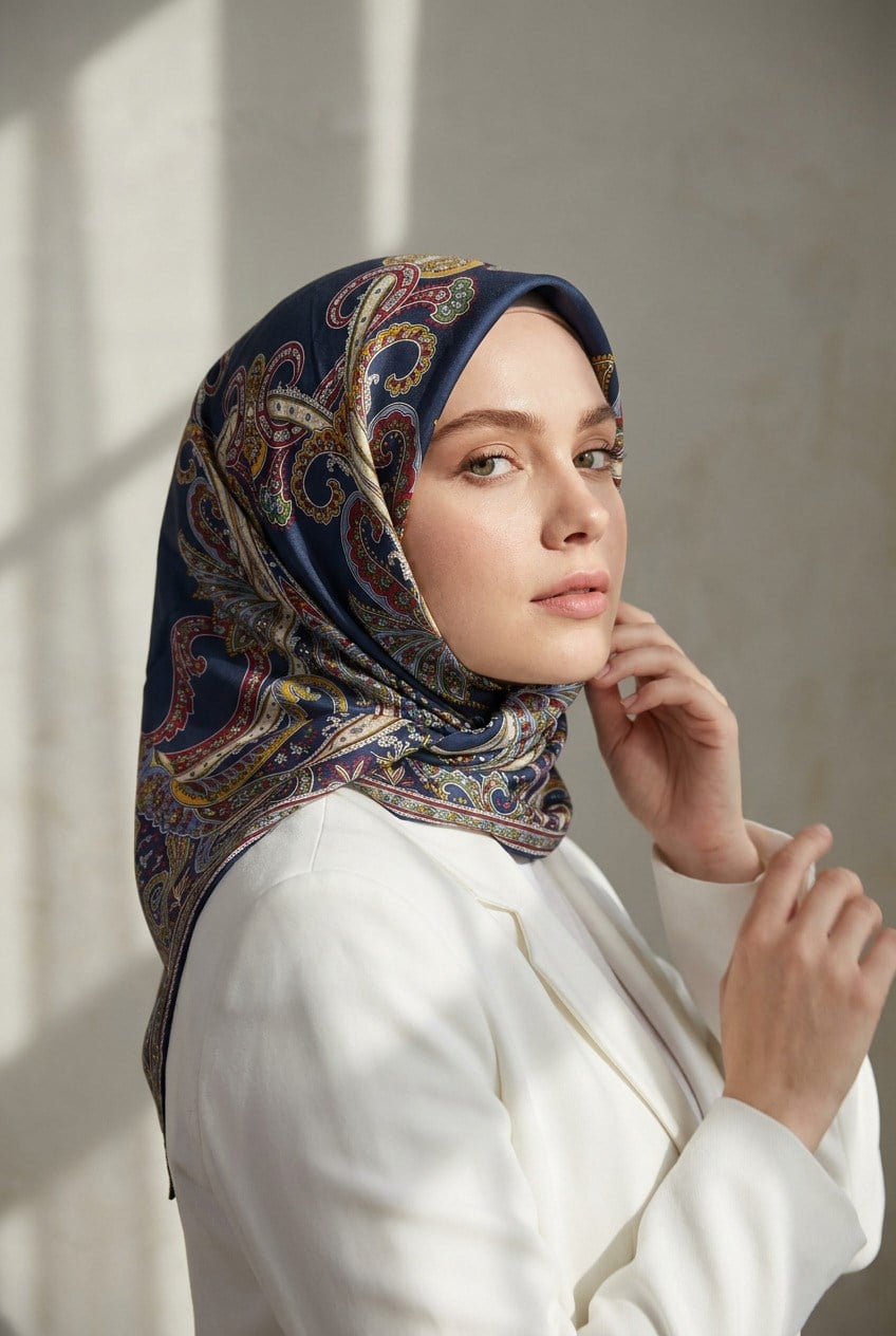 %100 Twill İpek Eşarp 90x90 Lacivert Desenli El Dikişli Kadın Eşarp
