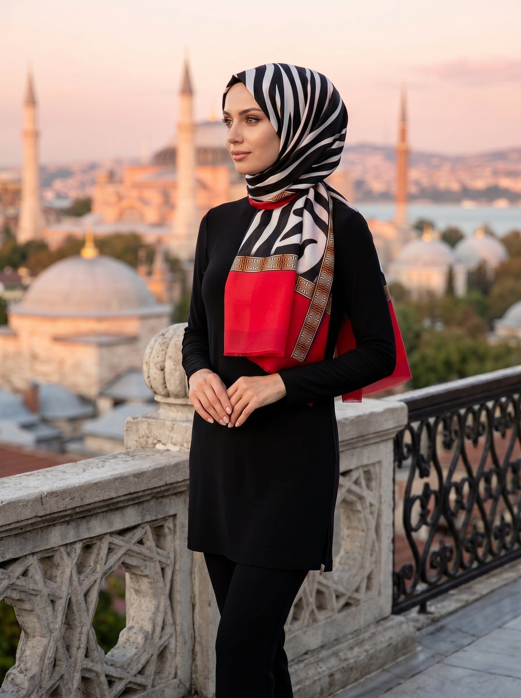 %100 Saf İpek Şal İnce Saten Vual Dokuma Zebra Desenli 90x210 Şal