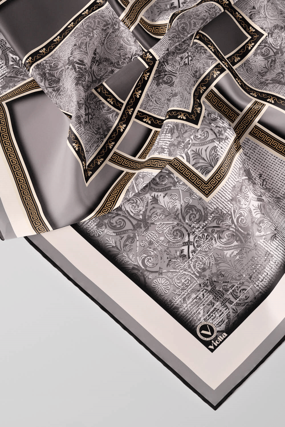 Twill Geometrik Desenli Gri Renkli 90x90 Eşarp (İpek İçermez) Kenar Dikiş Şekli El Dikişli