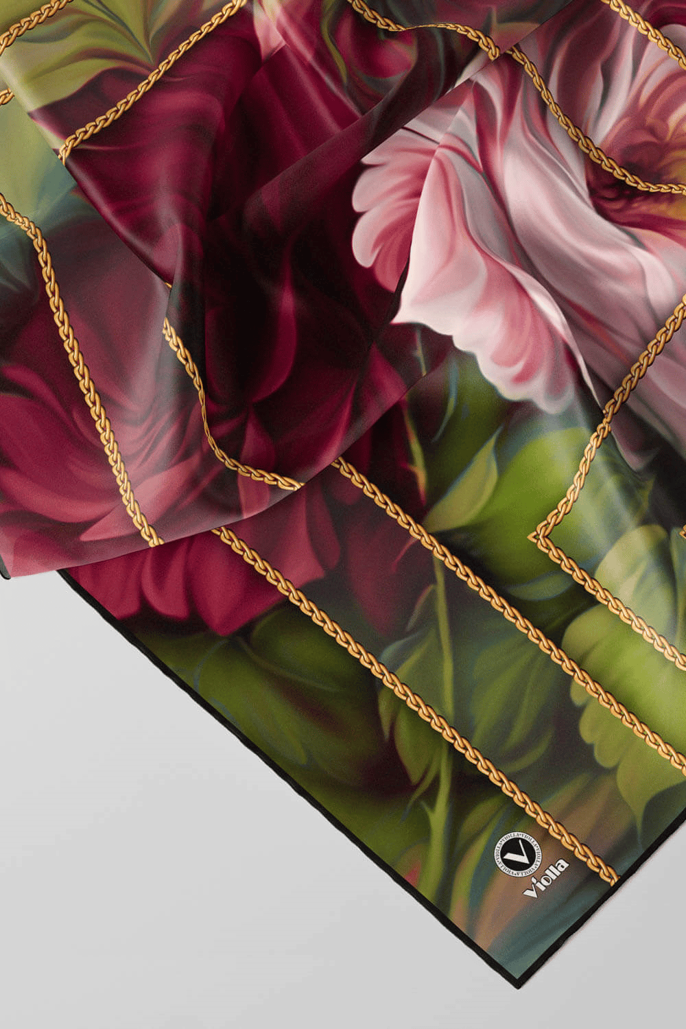 Twill Gül Desenli Şarabi - Haki Renkli 90x90 Eşarp (İpek İçermez) Kenar Dikiş Şekli El Dikişli