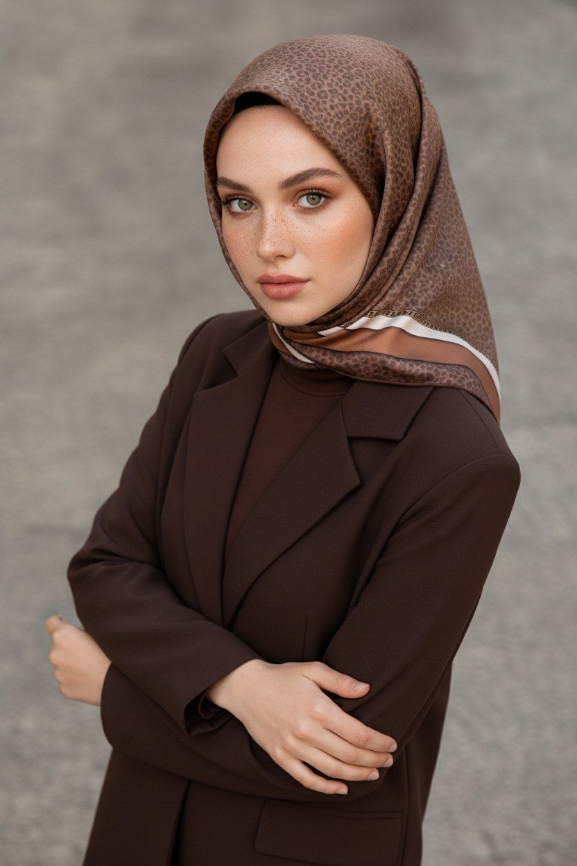 % 57 İPEK % 43 VİSKON Twill İpek Leopar Desenli Vizon Renkli 90x90 Eşarp Dikim Şekli : El Dikişi
