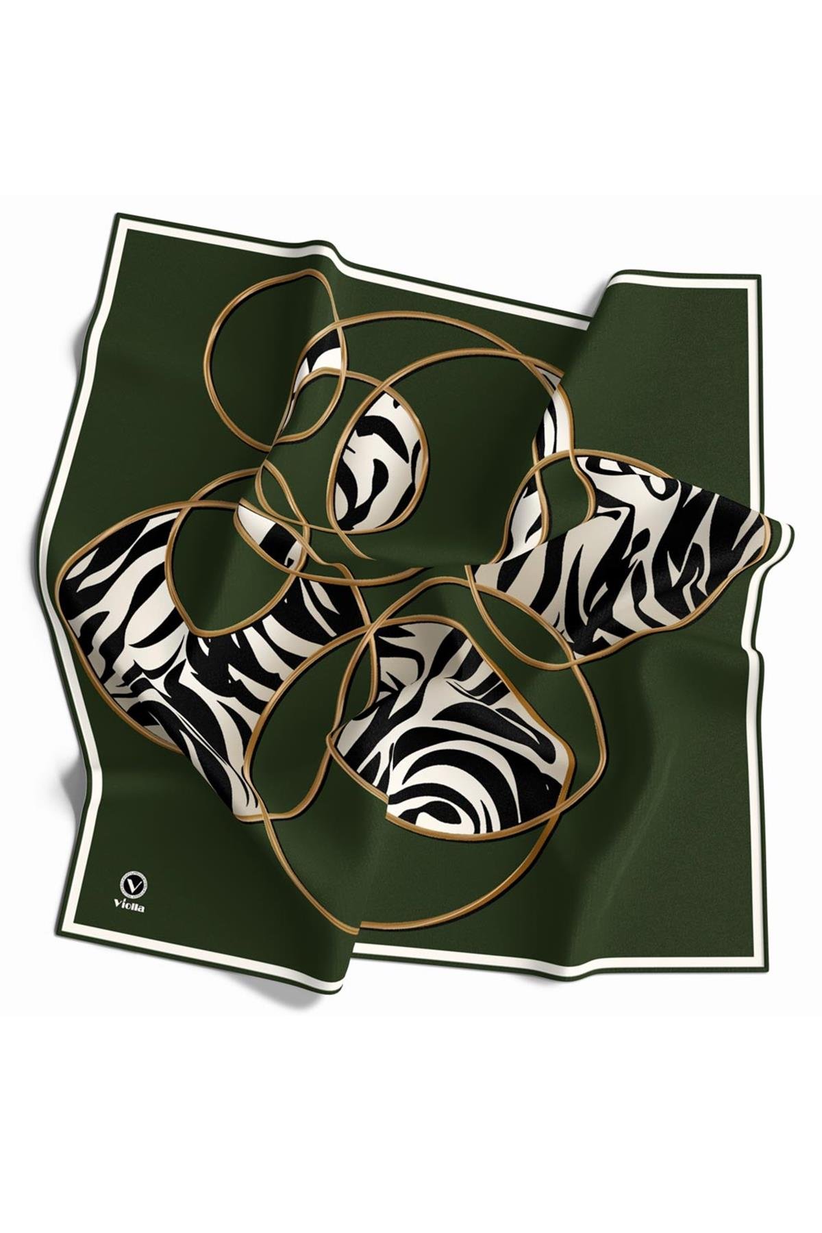 Soft Çember ve Zebra Desenli Zümrüt Yeşili Renkli 90x90 Eşarp (İpek İçermez) Kenar Dikiş Şekli El Dikişli