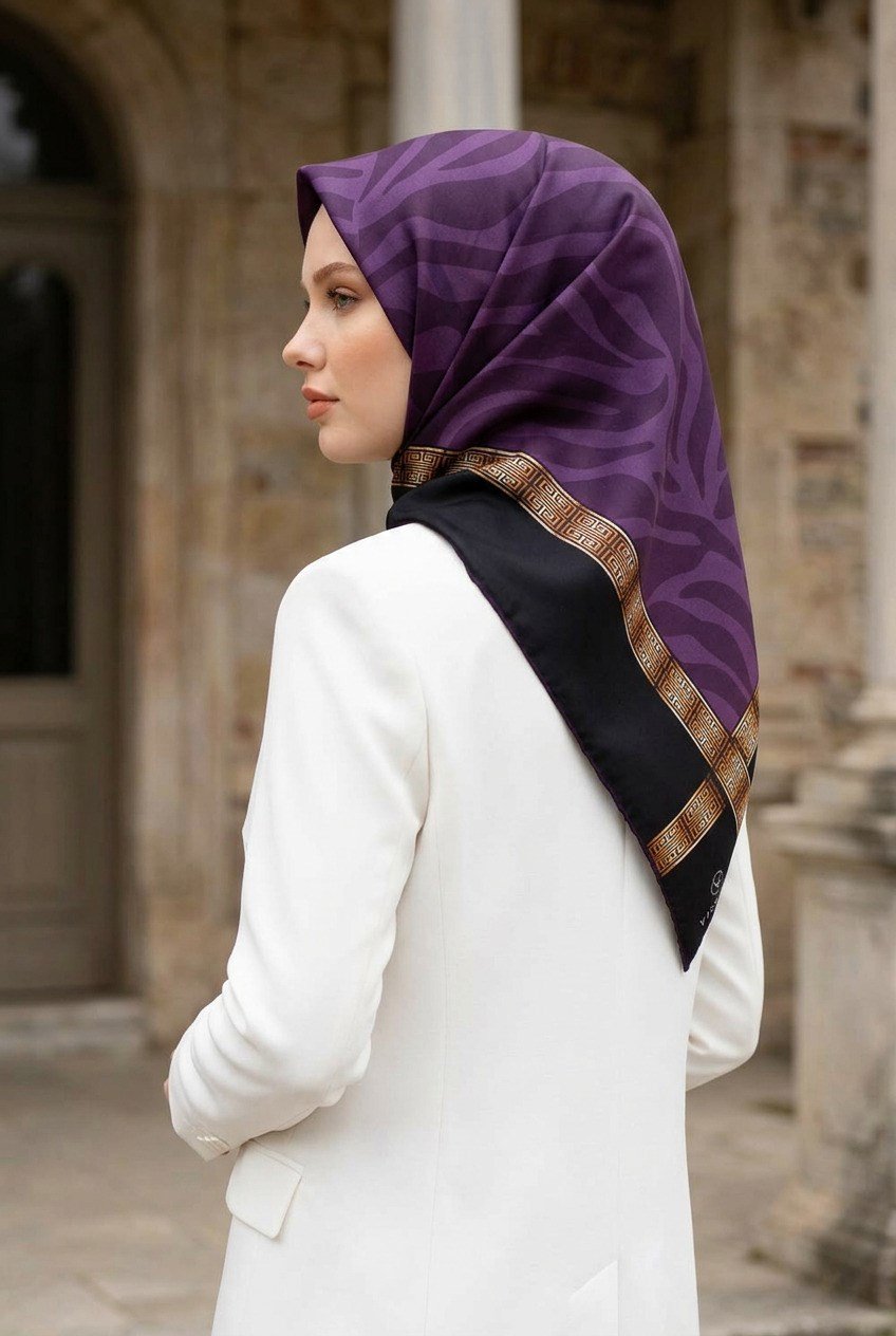 %100 Twill İpek Zebra Desenli Siyah - Mürdüm Renkli 90x90 Eşarp Dikim Şekli : El Dikişi