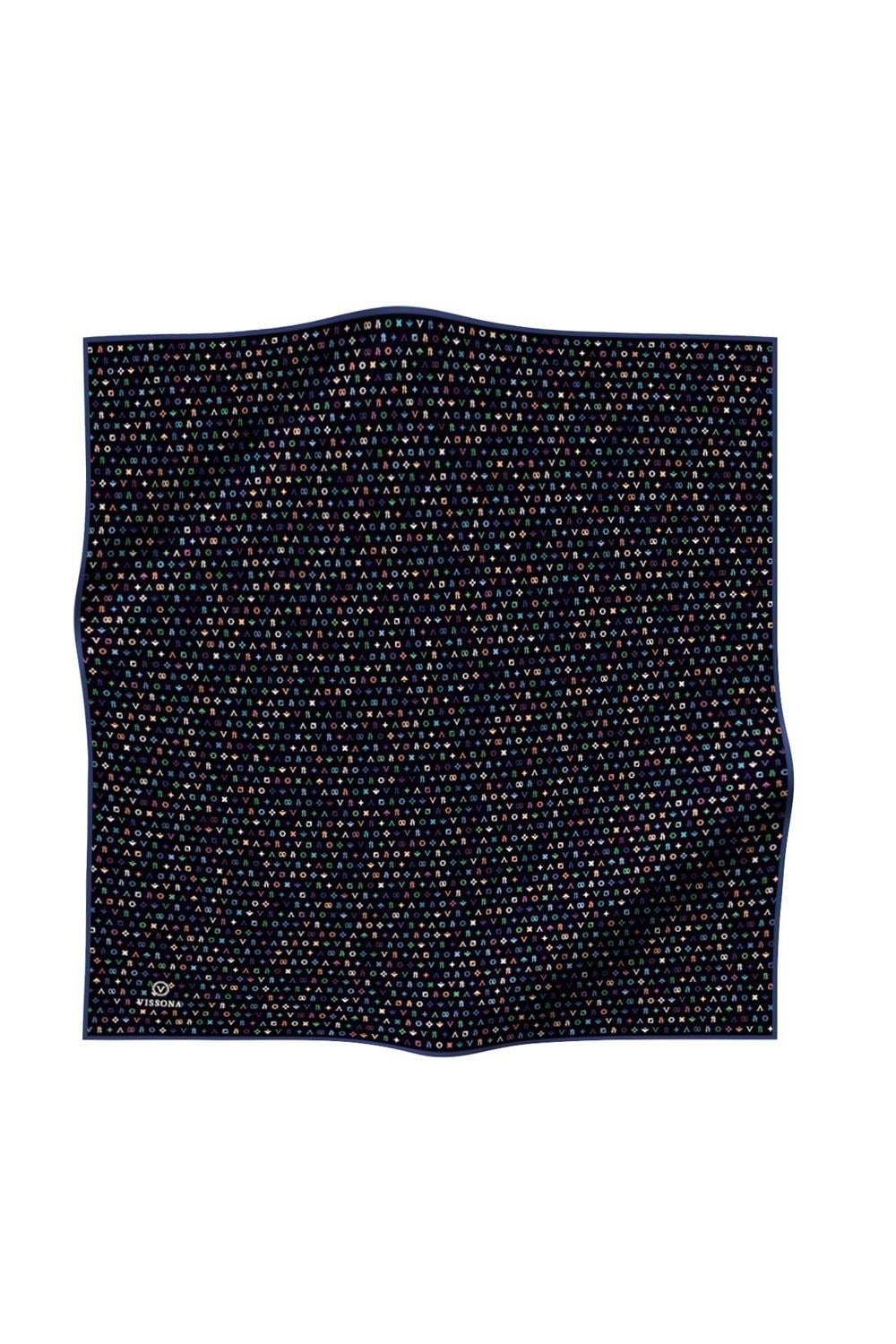 %100 Twill İpek Çıtır Motif Desenli Siyah - İndigo Renkli 90x90 Eşarp Dikim Şekli : El Dikişi