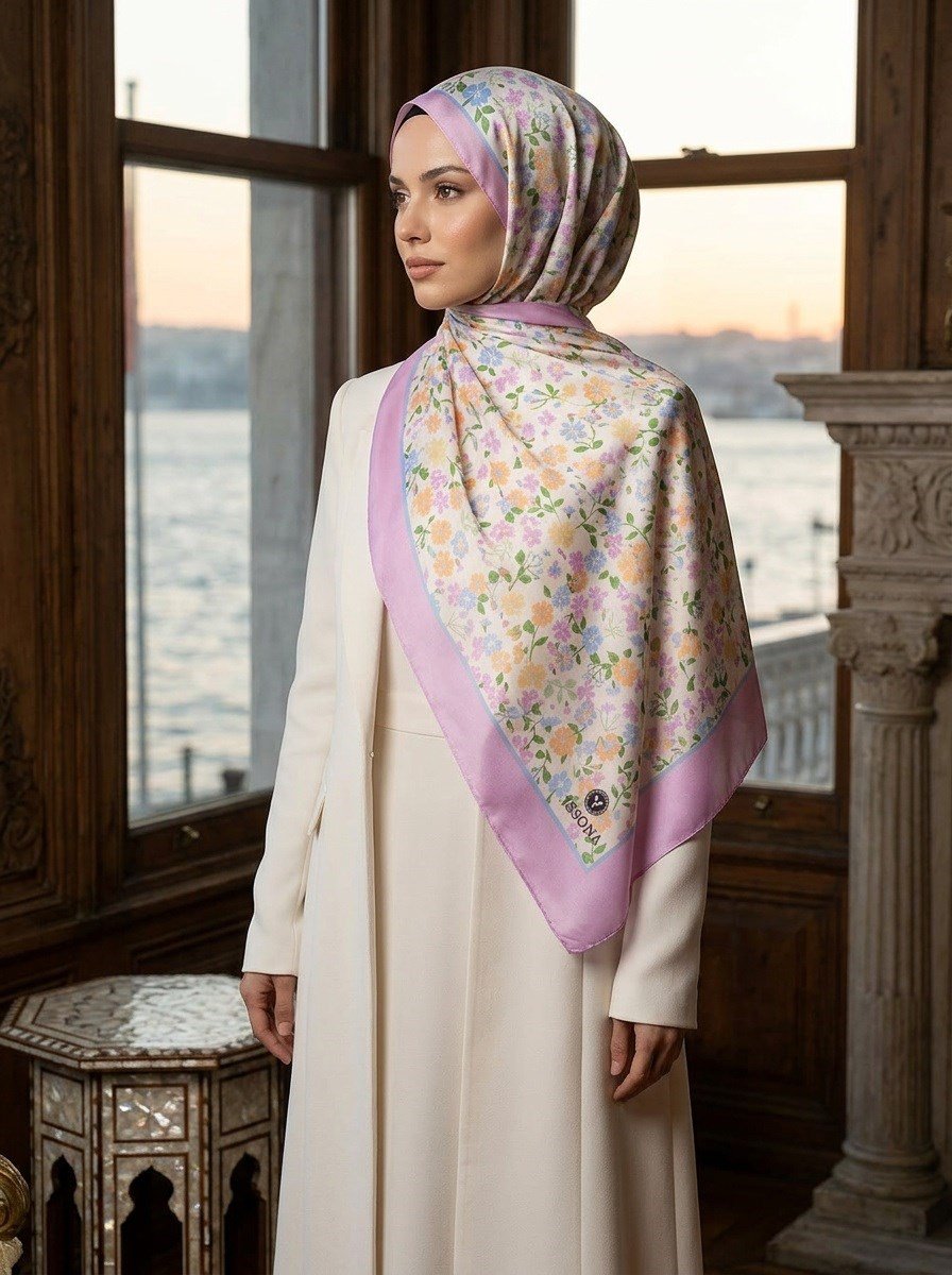 %100 Saf İpek Şal İnce Saten Vual Dokuma Çıtır Çiçek Desenli Pembe Renkli 90x210 Şal